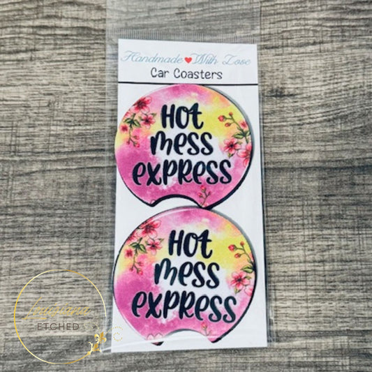 Hot Mess Express Pink Floral Print Sarcastic Humor Neoprene Car Coasters with Notch