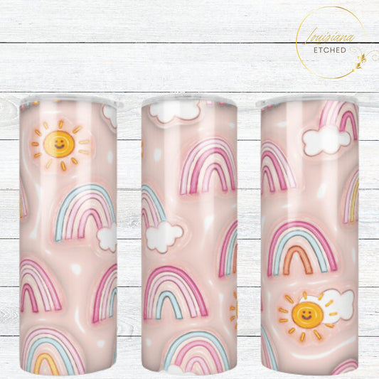 3D Inflated Puff Pink Rainbows & Sun Kids 20oz Skinny Tumbler