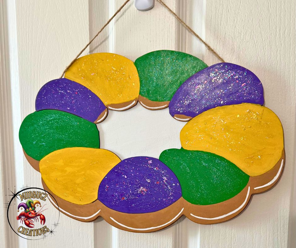 Mardi Gras King Cake with Glitter Paint 3D Wood Round Door Hanger Door Sign