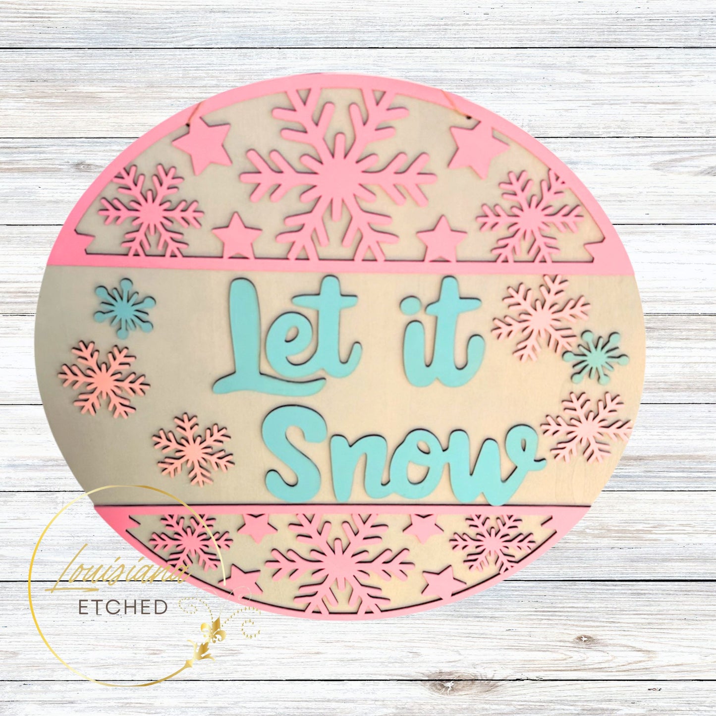 Let it Snow Winter Snowflakes Laser Cut Wood Round Door Hanger Door Sign