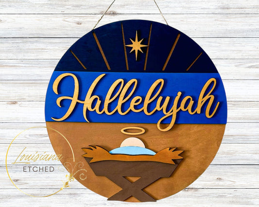 Hallelujah Christmas Religious Baby Jesus in Manger Laser Cut Wood Round Door Hanger Door Sign