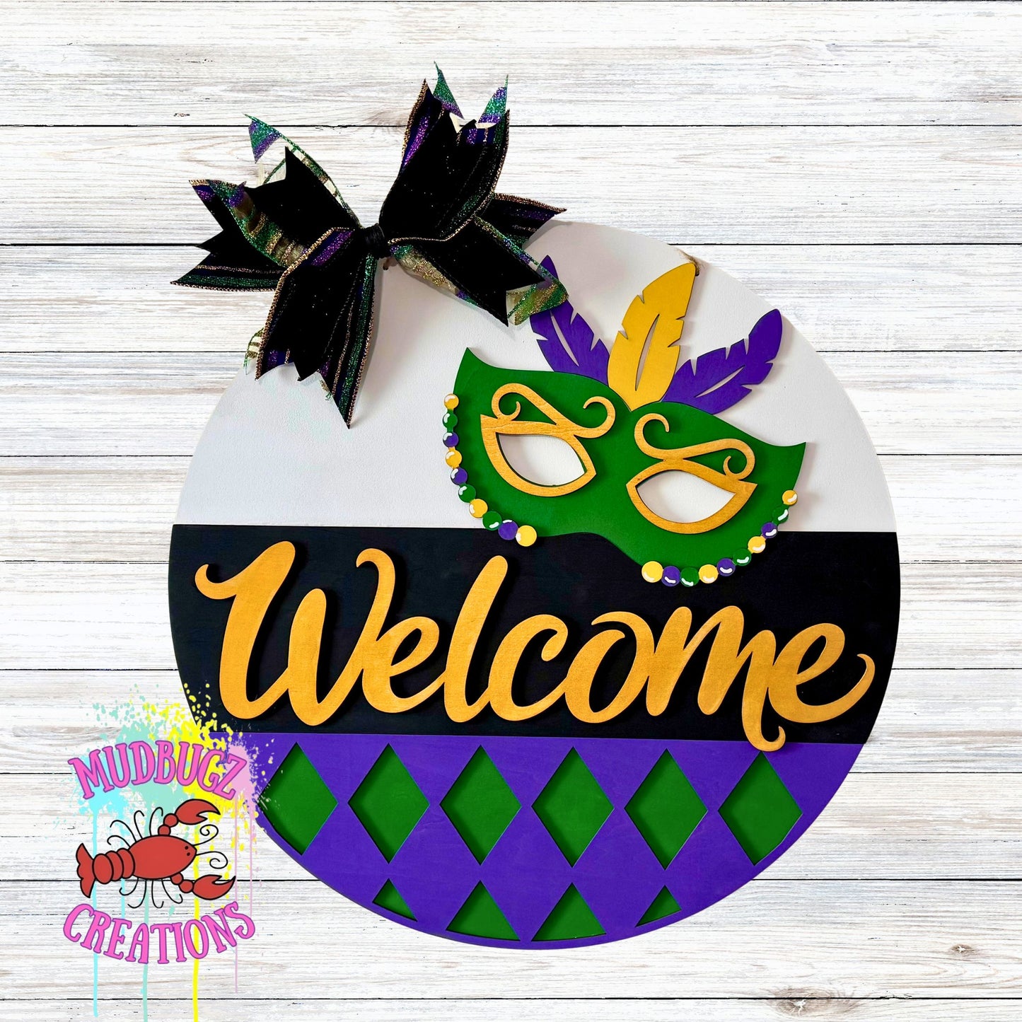 Mardi Gras Mask with Feathers Welcome Laser Cut 3D Wood Round Door Hanger Door Sign