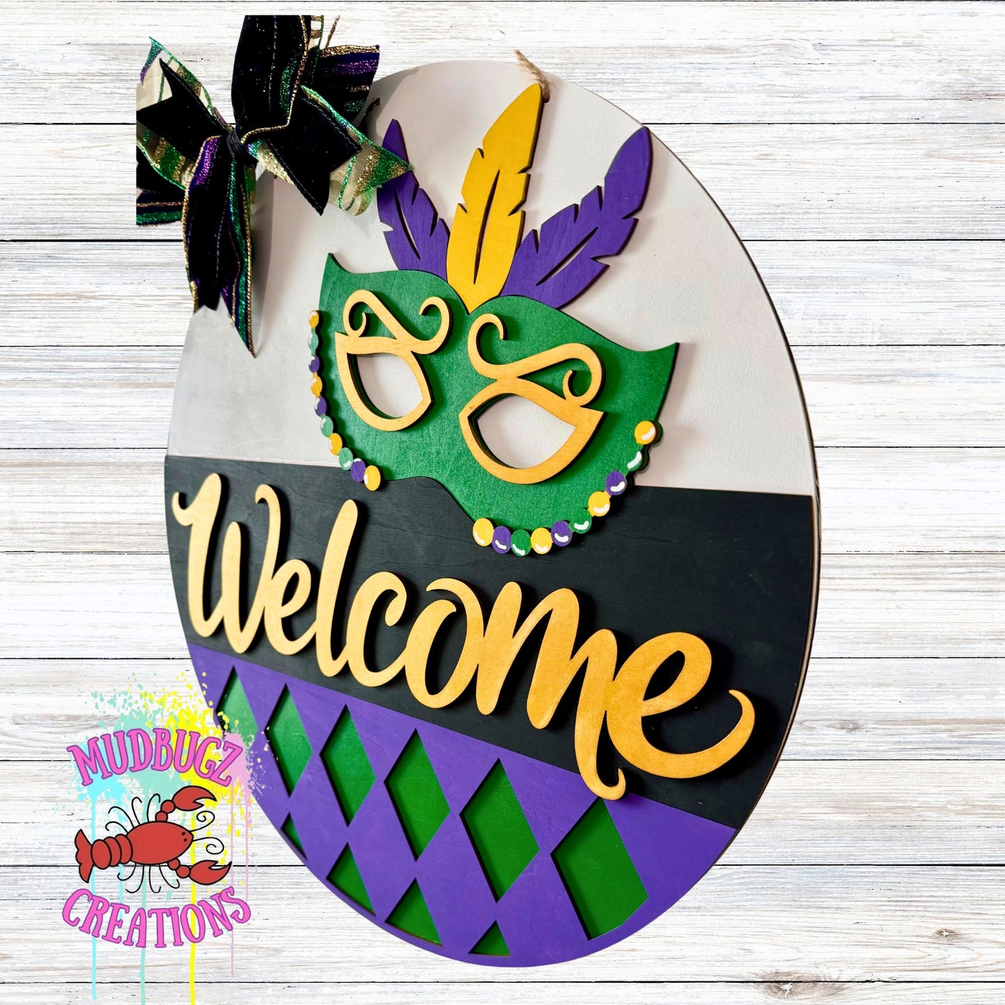 Mardi Gras Mask with Feathers Welcome Laser Cut 3D Wood Round Door Hanger Door Sign