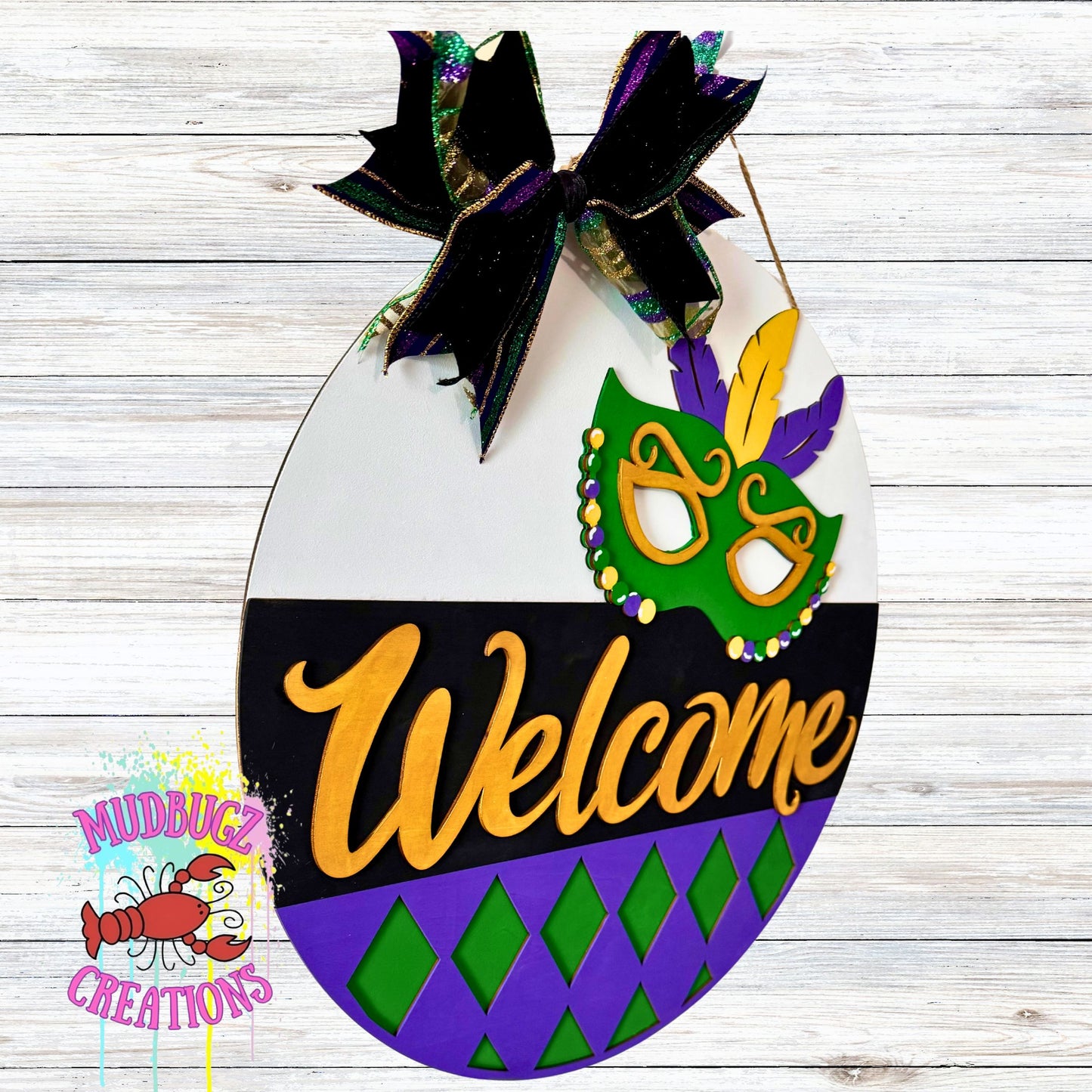 Mardi Gras Mask with Feathers Welcome Laser Cut 3D Wood Round Door Hanger Door Sign