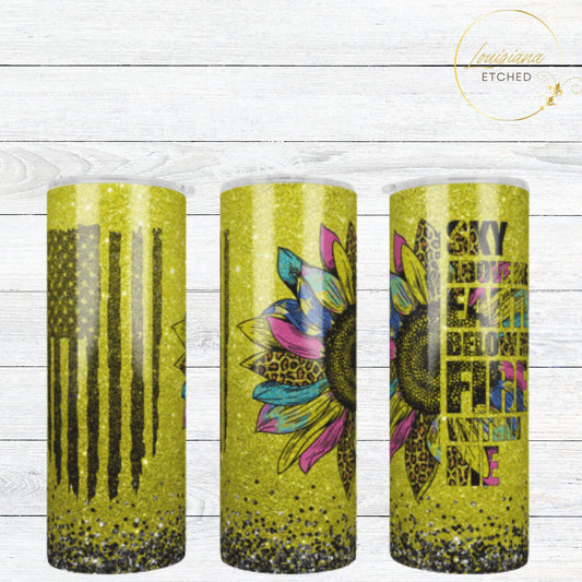 Sky Above Me, Earth Below Me, and Fire Within Me Patriotic American Flag Sunflower 20oz Skinny Tumbler