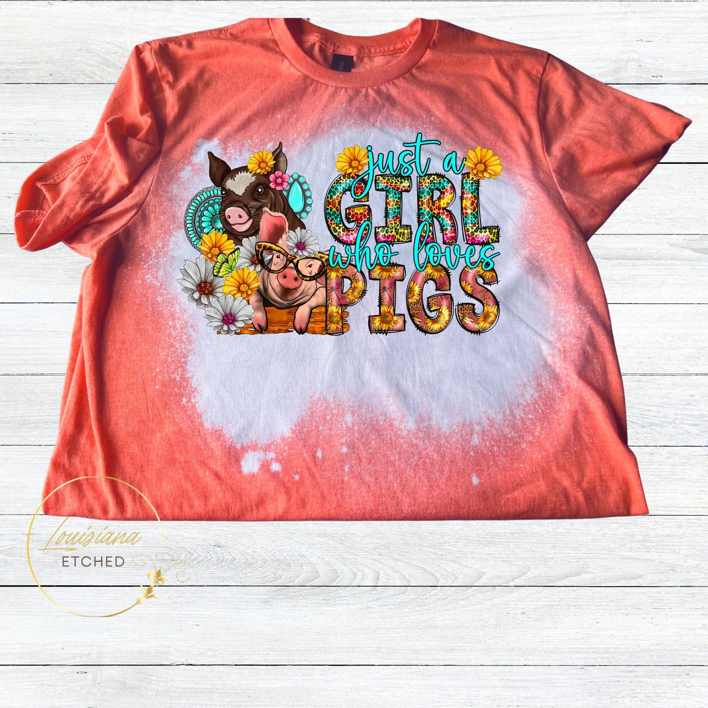 Just a Girl Who Loves Pigs Sunflower Turquoise Bleached Short Sleeve T-Shirt