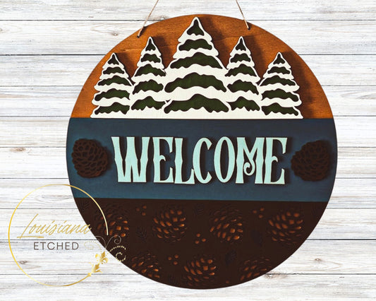 Welcome Winter Pine Trees Snowy Pinecone Laser Cut Wood Round Door Hanger Door Sign