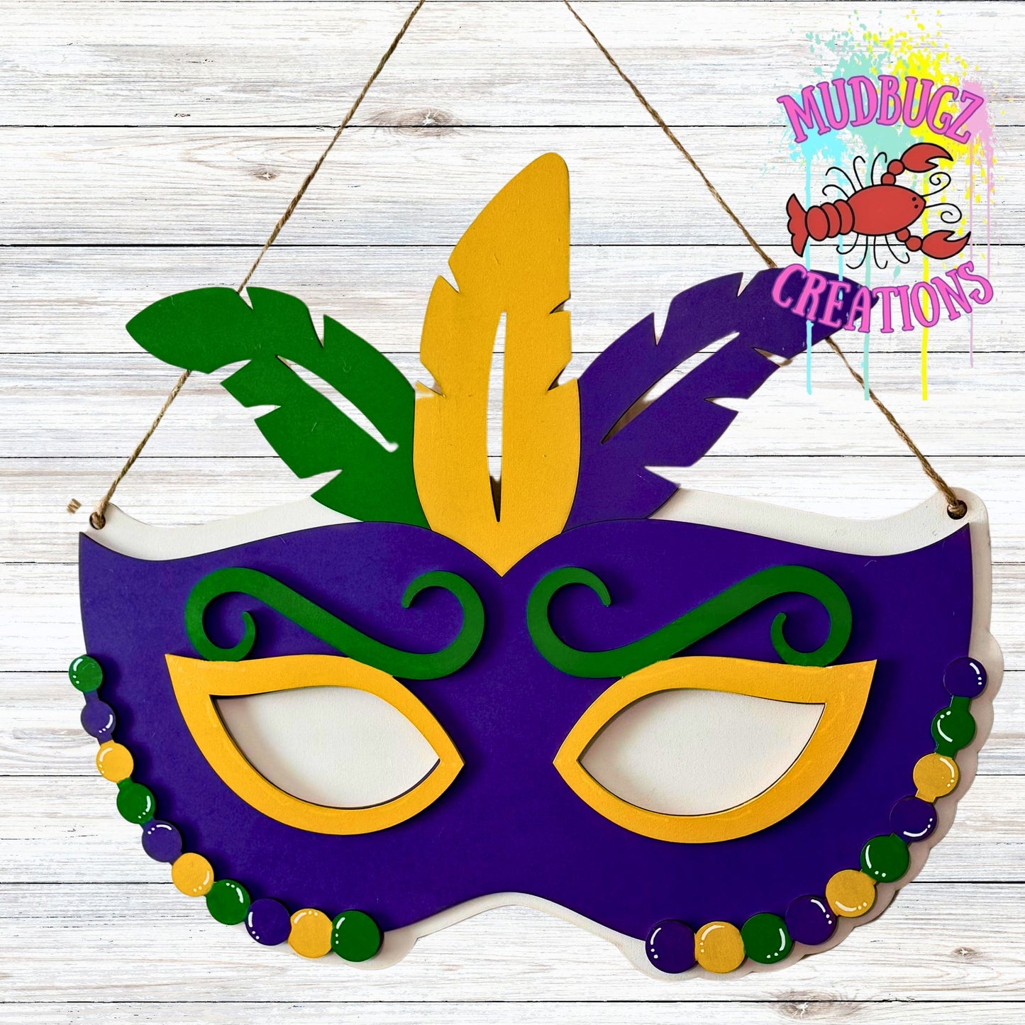 Mardi Gras Mask with Feathers Laser Cut 3D Wood Door Hanger Door Sign