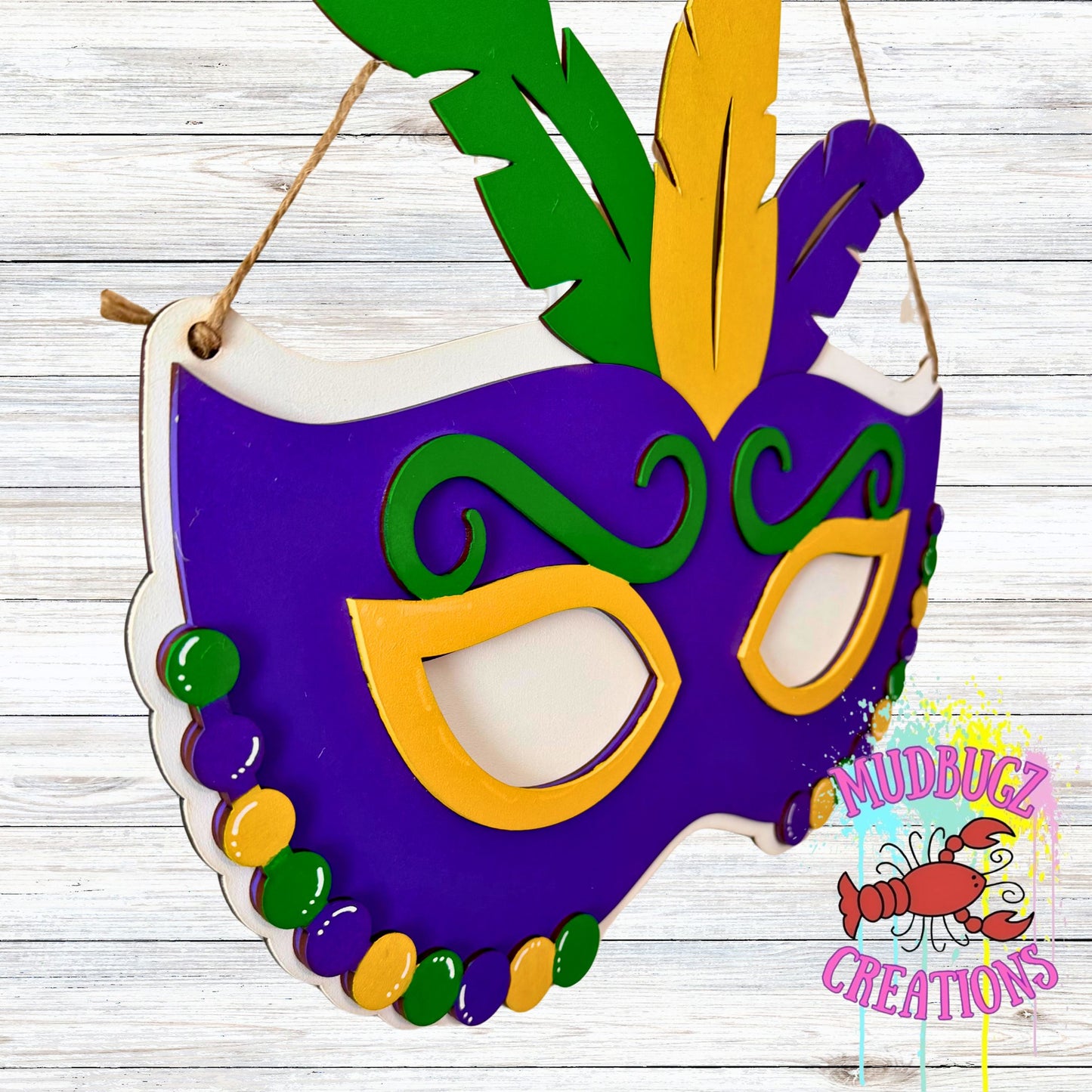 Mardi Gras Mask with Feathers Laser Cut 3D Wood Door Hanger Door Sign