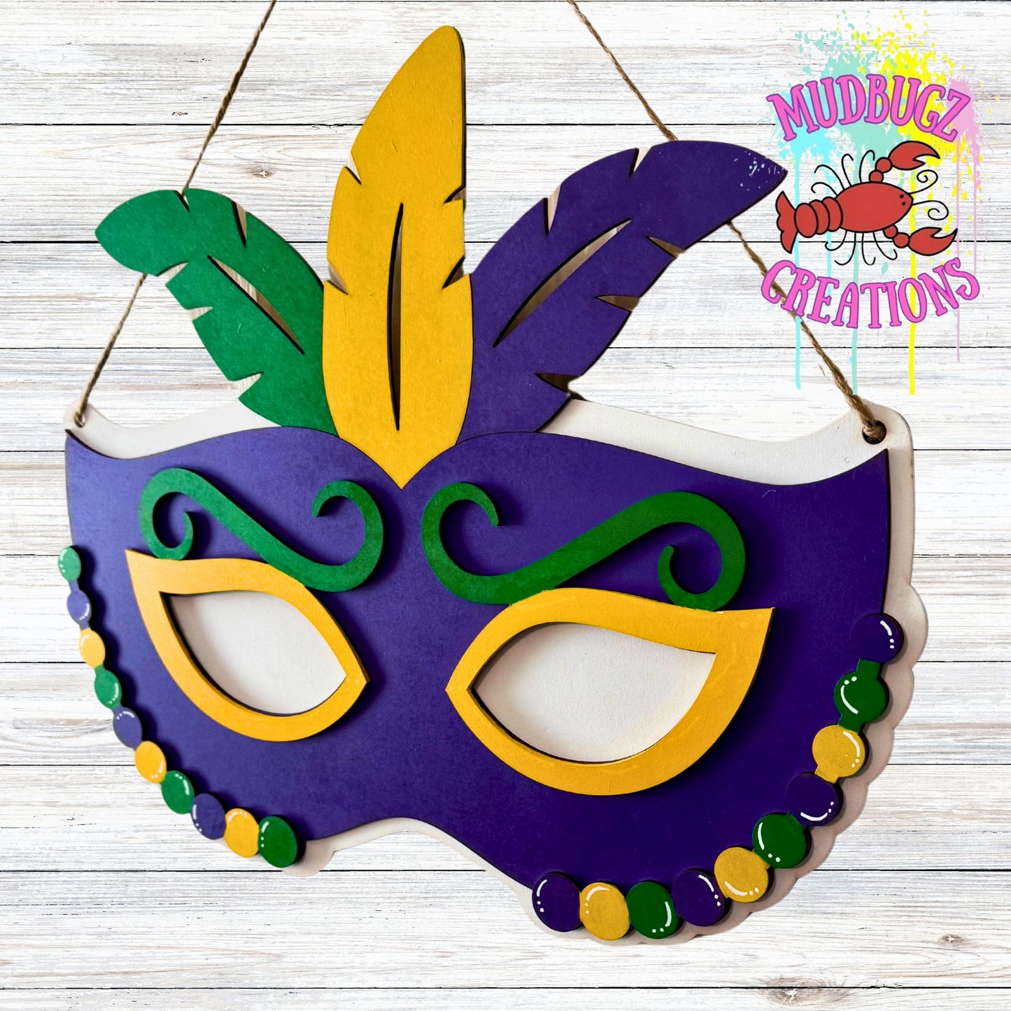 Mardi Gras Mask with Feathers Laser Cut 3D Wood Door Hanger Door Sign