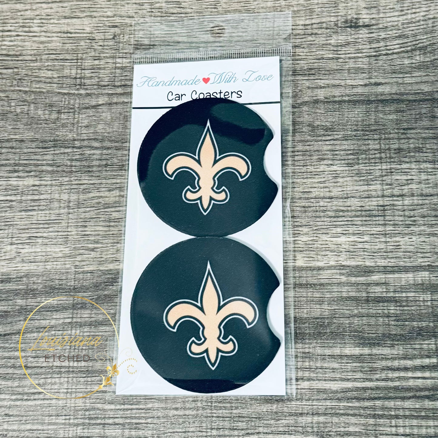 Football Gold Fleur De Lis on Black Neoprene Car Coasters with Notch