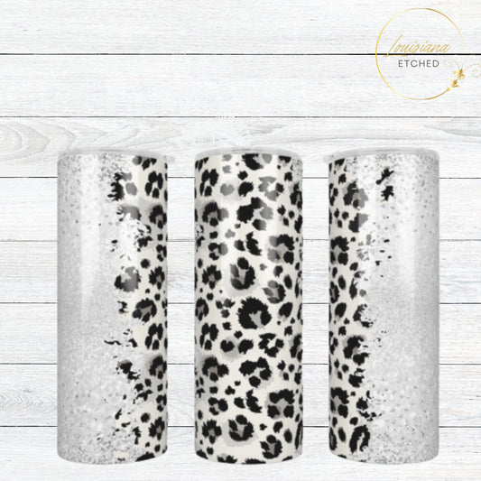 Personalized Name Silver Faux Glitter Leopard Print 20oz Skinny Tumbler