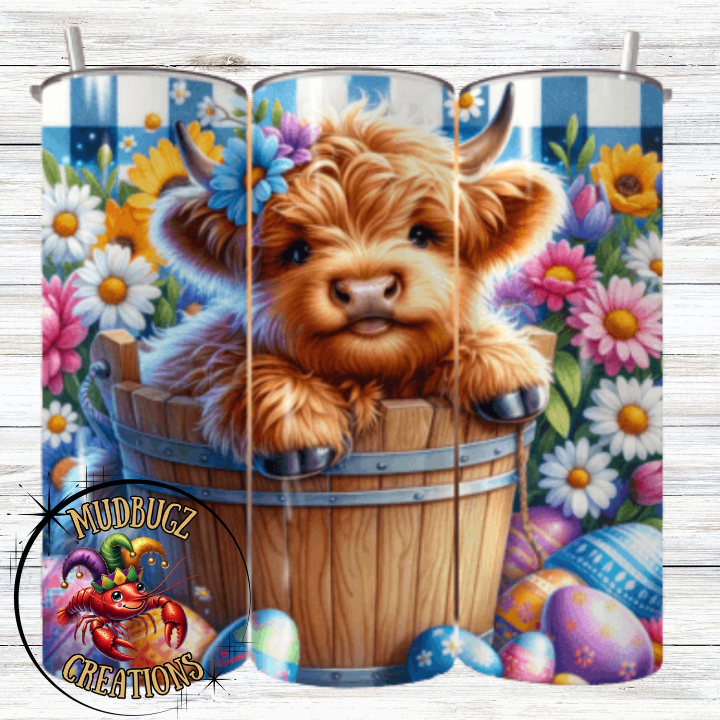 Cute Highland Cow in Wooden Tub Easter Eggs Colorful Spring 20oz Skinny Tumbler