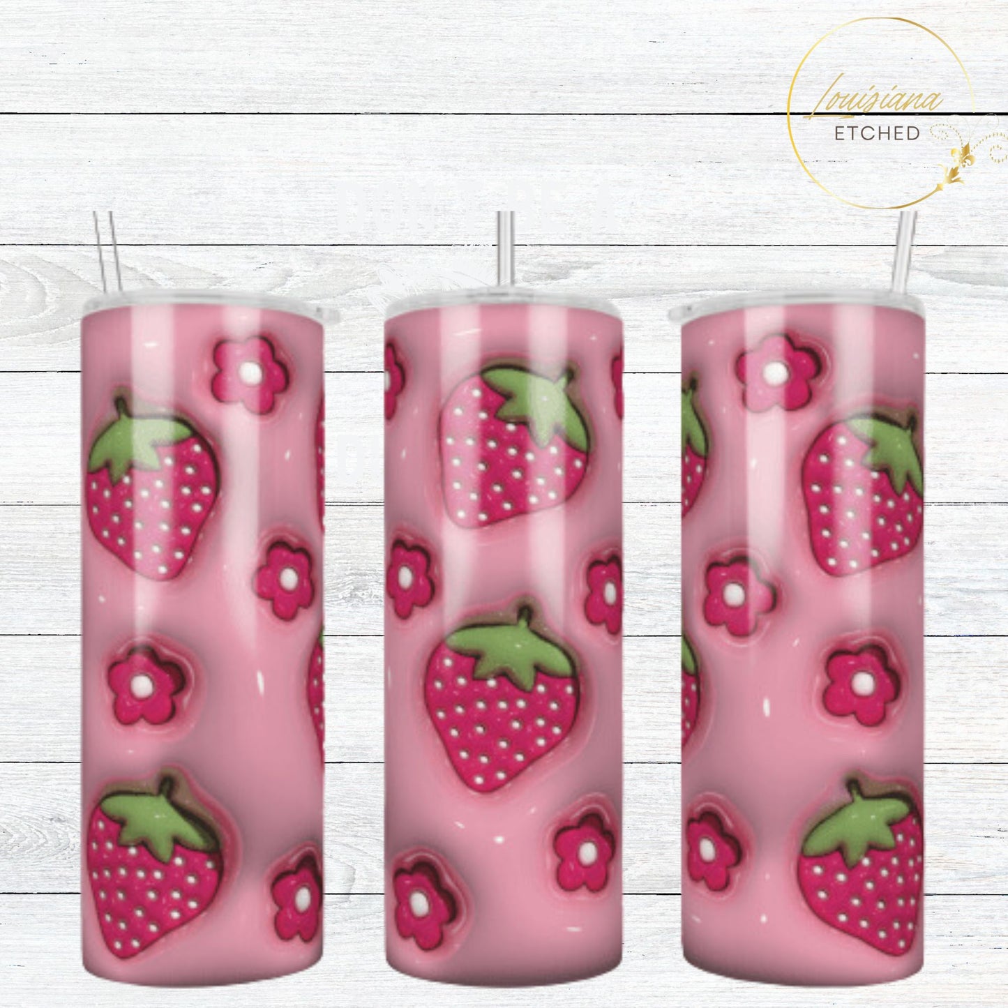 3D Inflated Puff Pink Pastel Retro Strawberries Flower 20oz Skinny Tumbler