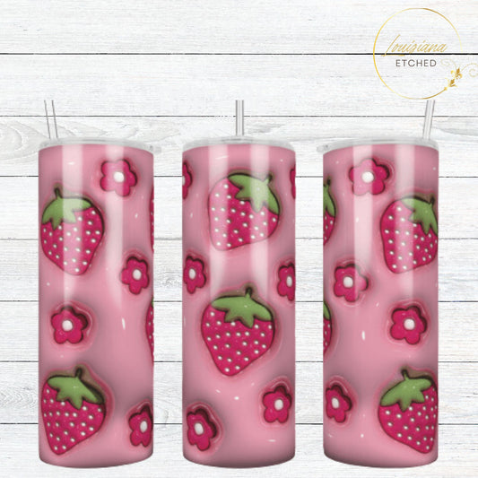 3D Inflated Puff Pink Pastel Retro Strawberries Flower 20oz Skinny Tumbler