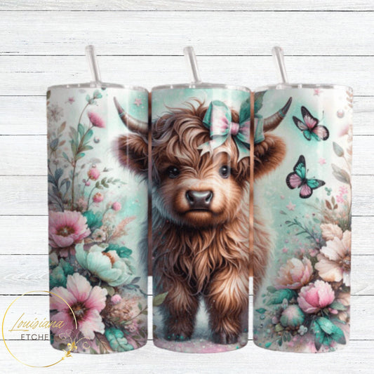 Highland Cow with Pink & Teal Bow Flower Print 20oz Skinny Tumbler