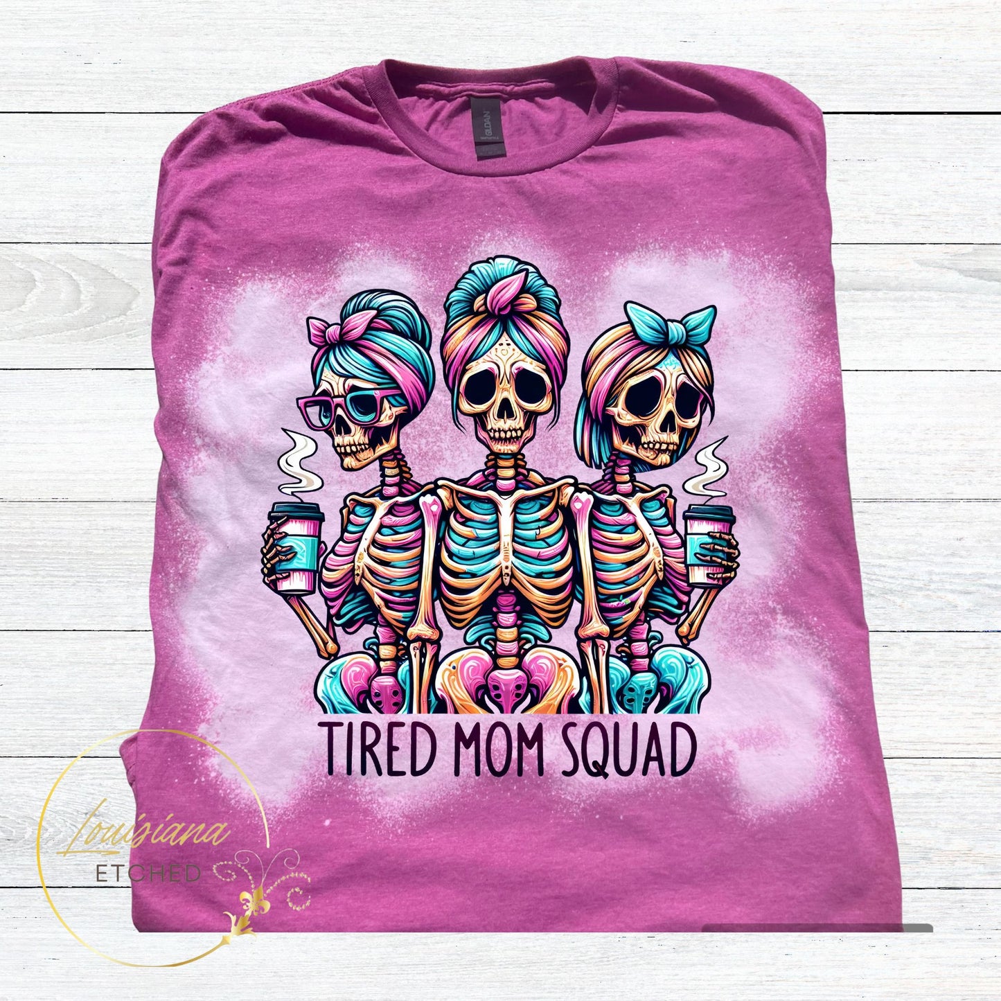 Tired Mom Squad Funny Motherhood Mama Humor Bleached Short Sleeve T-Shirt