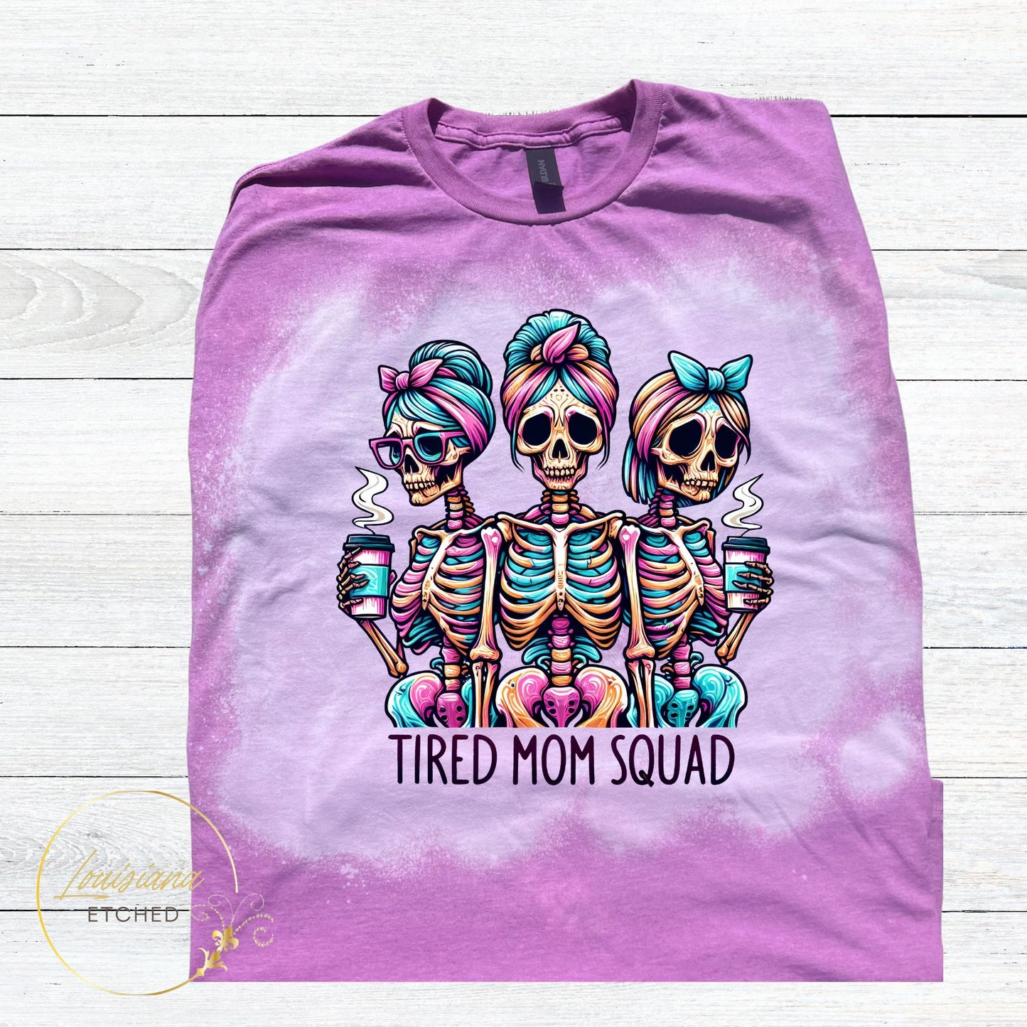 Tired Mom Squad Funny Motherhood Mama Humor Bleached Short Sleeve T-Shirt