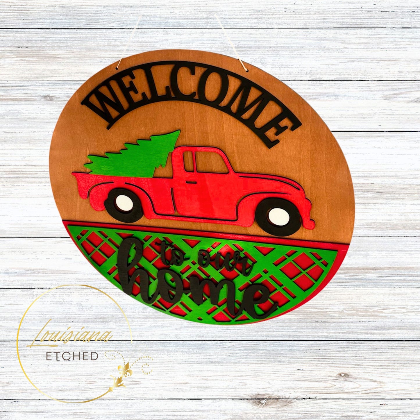 Welcome to Our Home Vintage Truck Laser Cut Wood Round Door Hanger Door Sign