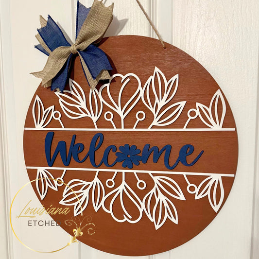 Welcome Boho Floral Wildflower Laser Cut Wood Round Door Hanger Door Sign