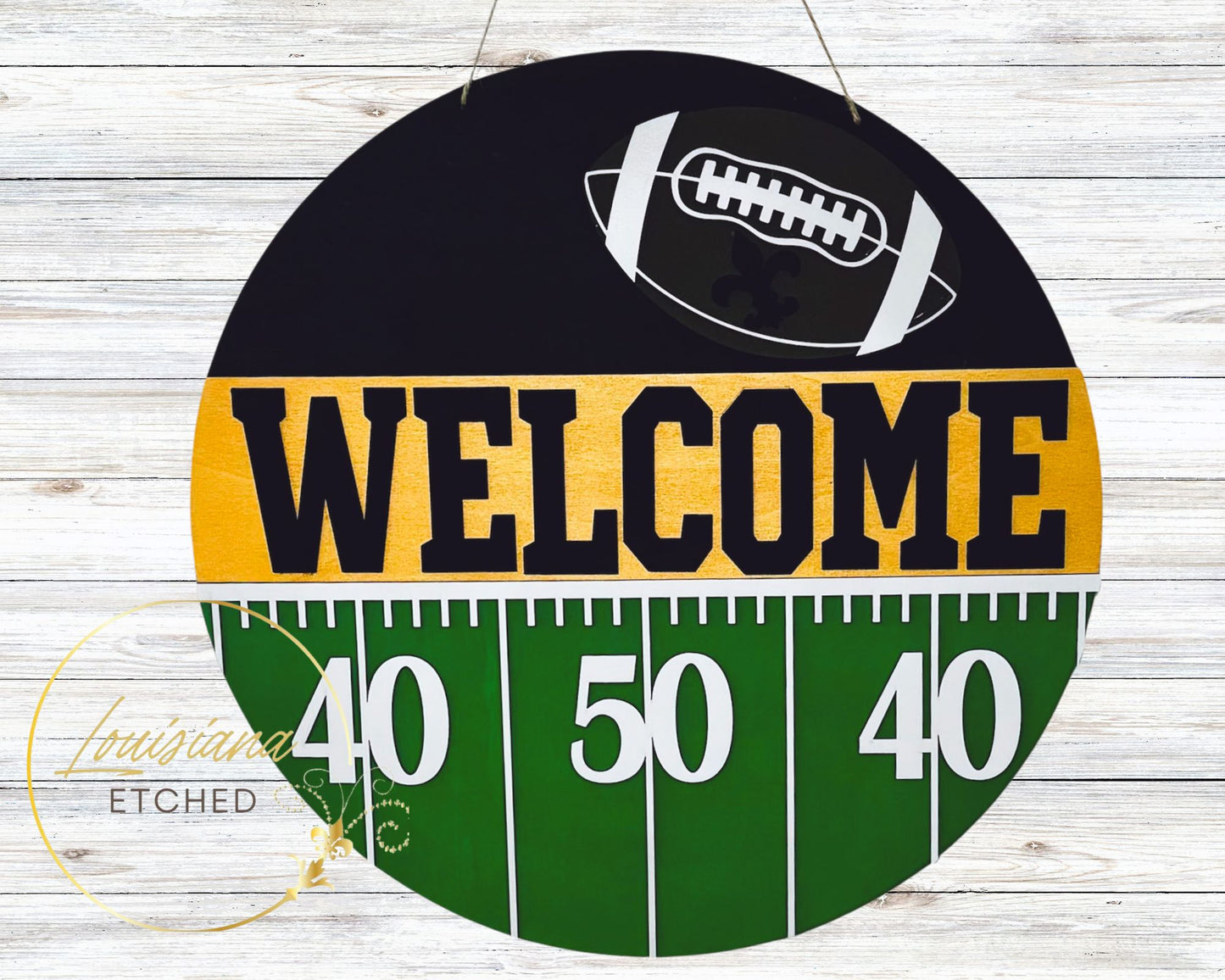 Welcome Black & Gold Who Dat Football Laser Cut Wood Round Door Hanger Door Sign