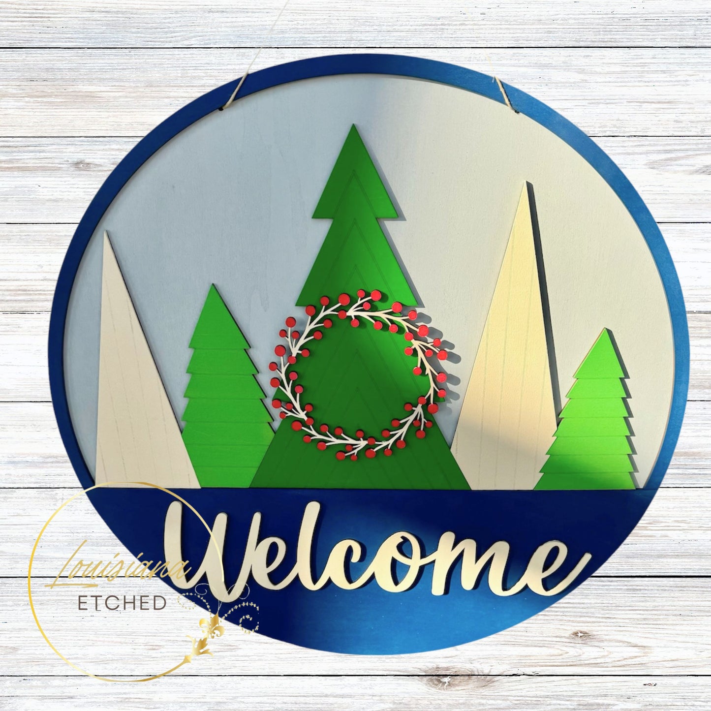 Welcome Trees with Wreath Winter Laser Cut Wood Round Door Hanger Door Sign