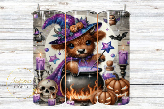 Halloween Highland Cow Purple Witch and Cauldron 20oz Skinny Tumbler